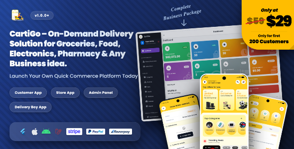 CartiGo – On-Demand Delivery eCommerce Flutter App | Customer, Store Rider Apps + Laravel