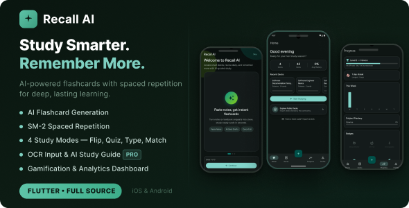 Recall AI – Flutter Flashcard App with AI Generation, Spaced Repetition In-App Subscriptions Recall AI – Flutter Flashcard App with AI Generation, Spaced Repetition In-App Subscriptions