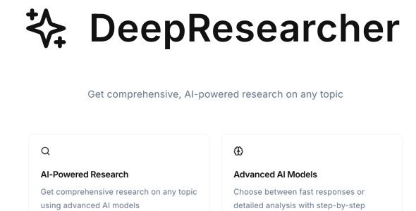 DeepResearcher - Perplexity AI inspired Full App Template, Web App, Web App, React, DeepSeek R1 V3 DeepResearcher - Perplexity AI inspired Full App Template, Web App, Web App, React, DeepSeek R1 V3