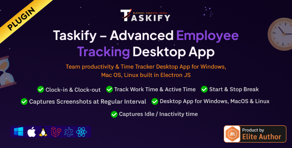 Employee Monitoring - Work, Active, Idle, Break Time Screenshots - Desktop App Plugin for Taskify Employee Monitoring - Work, Active, Idle, Break Time Screenshots - Desktop App Plugin for Taskify
