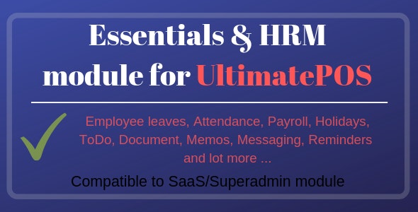 Essentials HRM (Human resource management) Module for UltimatePOS (With SaaS compatible) Essentials HRM (Human resource management) Module for UltimatePOS (With SaaS compatible)