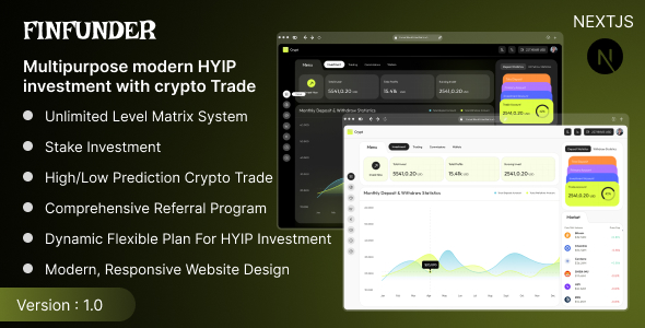 FinFunder – NextJS User Dashboard for Matrix HYIP Investments with Crypto Trading