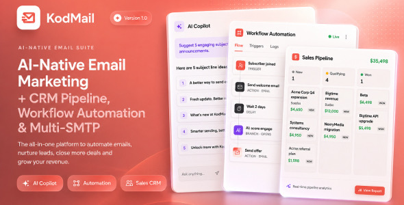 KodMail- AI-Native Email Marketing + CRM Pipeline, Campaign Builder, Automation Multi-SMTP (SaaS) KodMail- AI-Native Email Marketing + CRM Pipeline, Campaign Builder, Automation Multi-SMTP (SaaS)