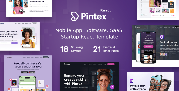 Pintex - Mobile App Software Landing Page ReactJS Template Pintex - Mobile App Software Landing Page ReactJS Template